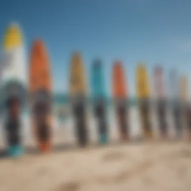 An overview of various Lieuwe Kiteboard models lined up on the beach