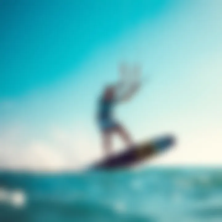 Dynamic action shot of kiteboarder using a lift surf foil on the water