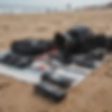 Close-up of specialized mackiteboarding equipment laid out on the beach