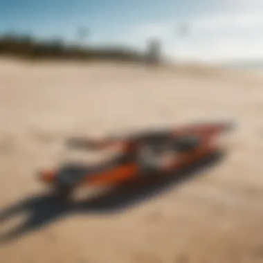 Latest Kiteboarding Equipment on Display Close-up of modern kiteboarding equipment showcased on the sand