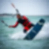 Showcasing the Mustang Survival drysuit in action during a kiteboarding session.