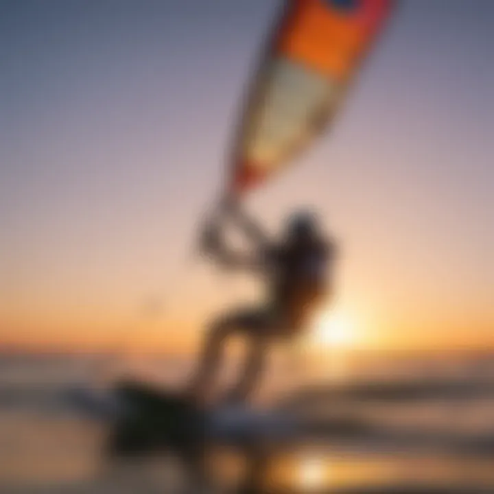 A serene kiteboarding scene at sunset showcasing the vibrant hues of the sky reflecting on the ocean's surface.