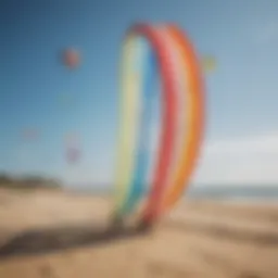 Diverse range of power kites displayed on a sunny beach