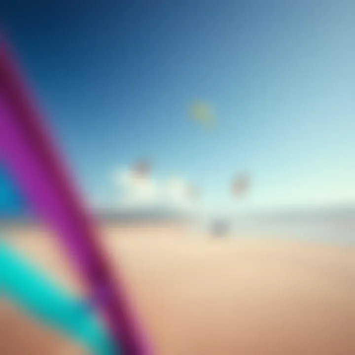 A vibrant kitesurfing beach with colorful kites