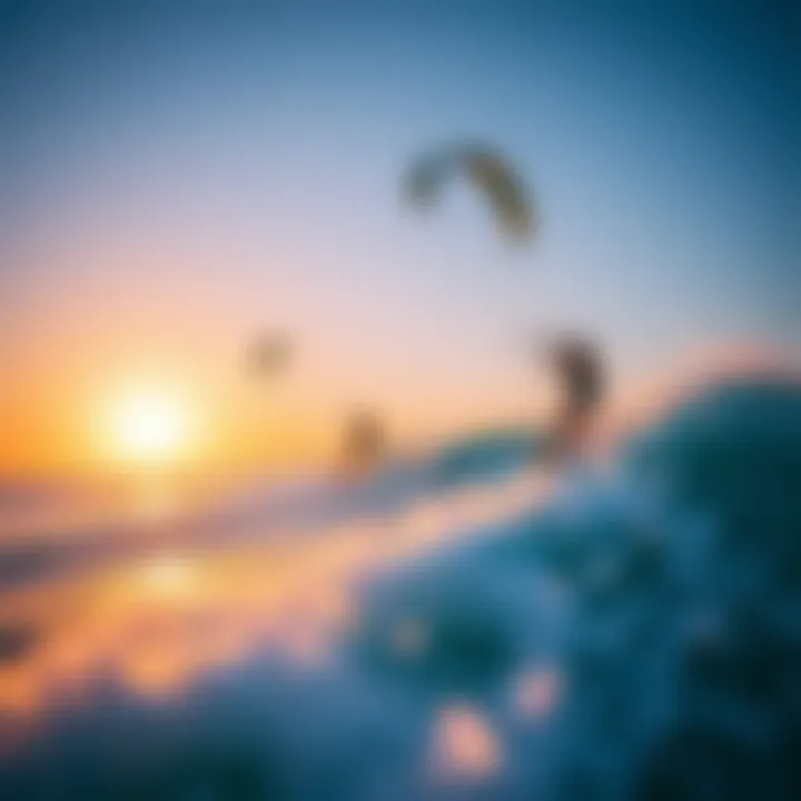 Kitesurfers riding the waves at sunset
