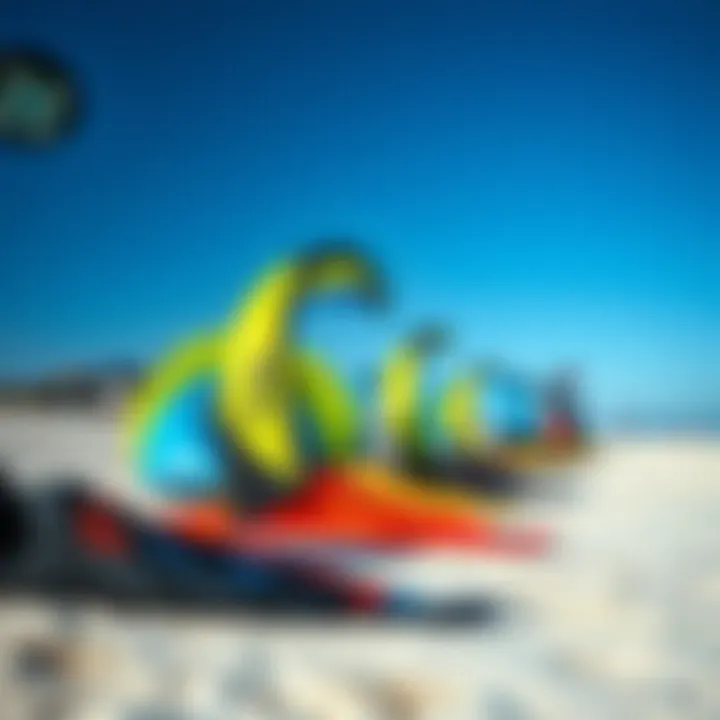 Various professional kites laid out on the beach, showcasing different styles and designs