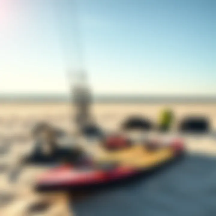 Kiteboarding gear arranged on the sandy shore of Sandbridge
