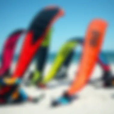 Various Slingshot kites displayed on the beach