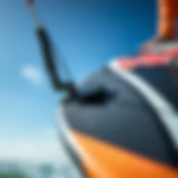 Close-up view of a high-performance kiteboard showing its intricate design and materials.