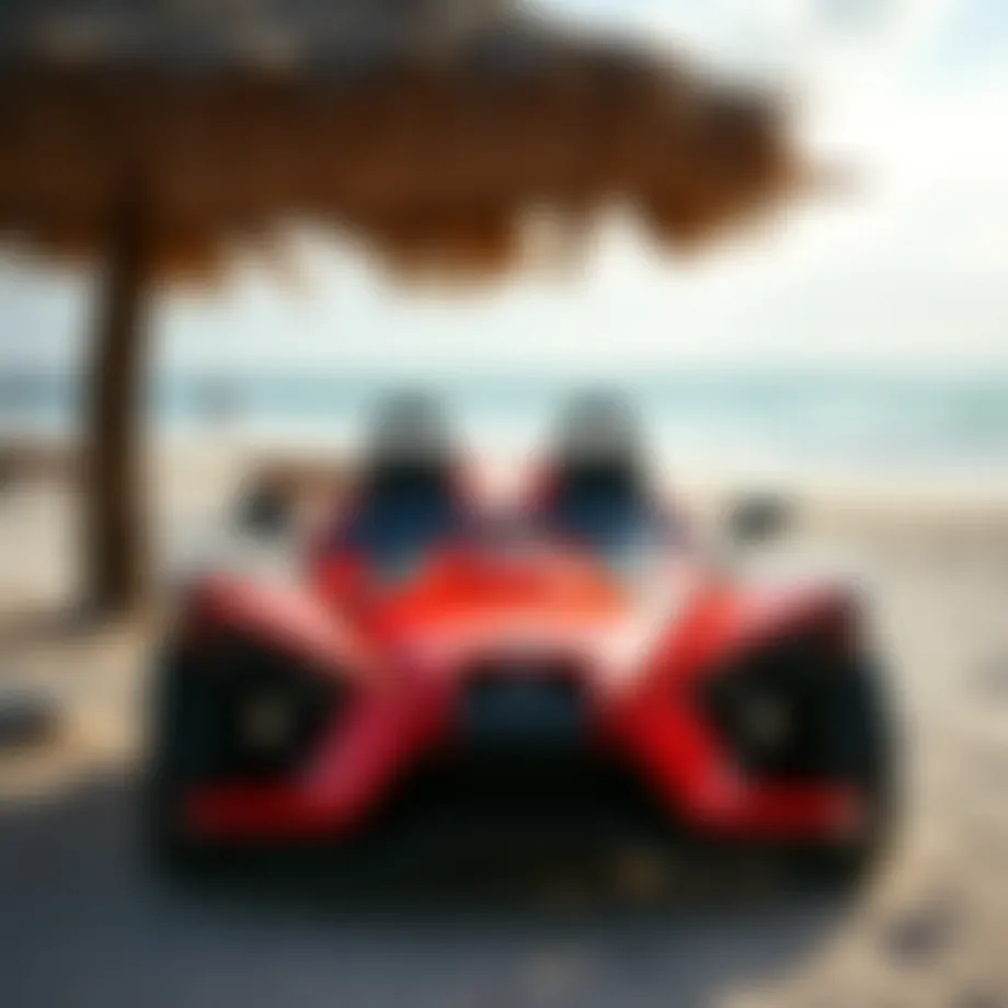 A vibrant slingshot parked against a picturesque beach backdrop