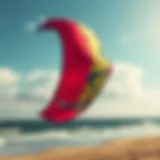 A colorful kite soaring high in the sky over a scenic beach.