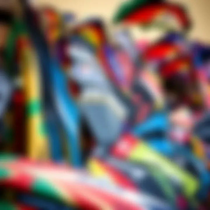 An array of kites displayed on a vibrant market stall, representing various brands.