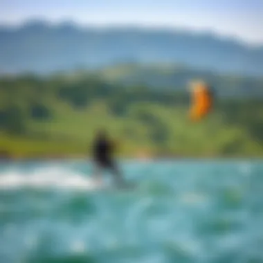 A serene landscape where kiteboarders are enjoying their time on the water, emphasizing sustainability.