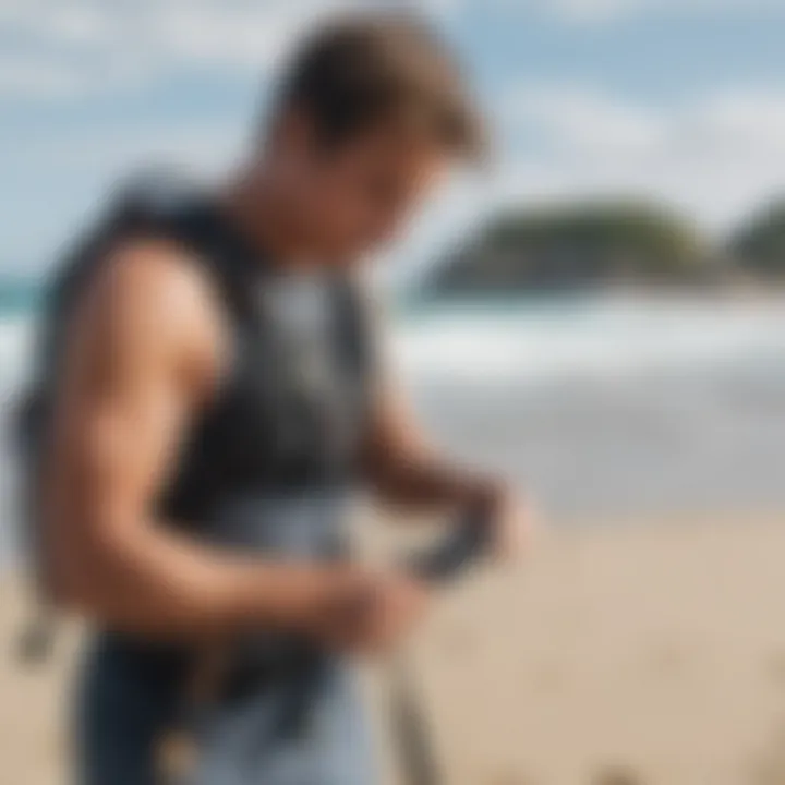 Kiteboarder adjusting Dakine harness on the beach.