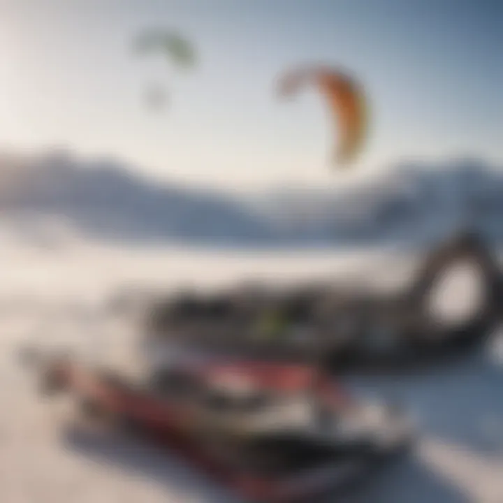 Close-up of snowkiting gear including a kite and snowboard