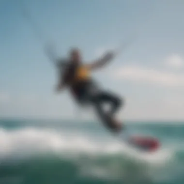 Kitesurfer performing maneuvers with emphasis on bar and line setup