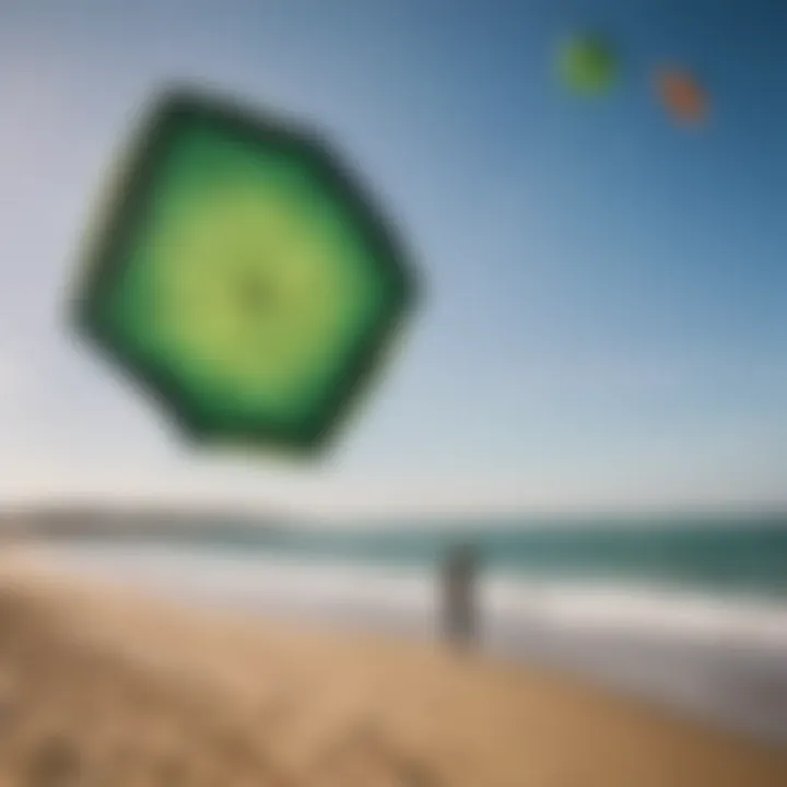 A rider expertly maneuvering the green hat kite at the beach