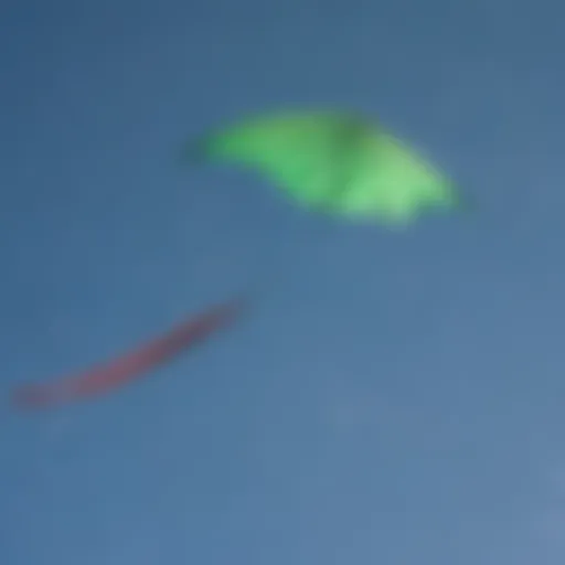 A vibrant green hat kite soaring through a clear blue sky