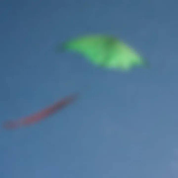 A vibrant green hat kite soaring through a clear blue sky