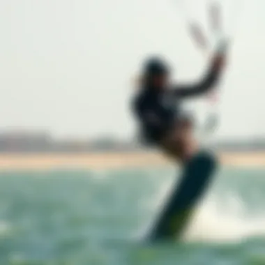 Beginner Practicing with a Three-Line Trainer Kite A beginner kiteboarder practicing with a three-line trainer kite in a windy environment