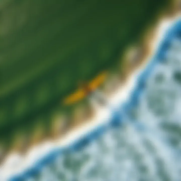 An aerial view of a popular wing surfing location, highlighting optimal wind conditions and wave patterns.