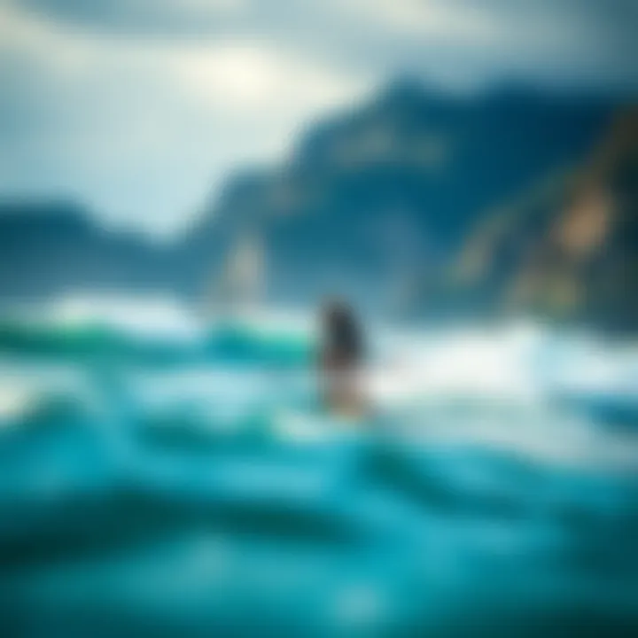 A rider skillfully maneuvering a wing surfboard against the backdrop of a dynamic ocean landscape.