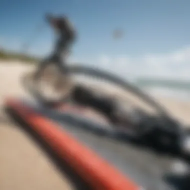 Essential Kiteboarding Equipment Close-up of kiteboarding gear and equipment