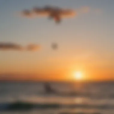 Sunset view of Ponce Inlet with kiteboarders in action