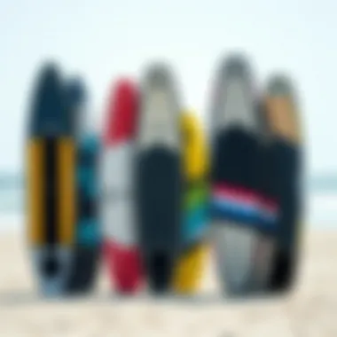 Diverse Kiteboard Styles and Sizes An array of kiteboards displayed on the beach, highlighting different sizes and styles