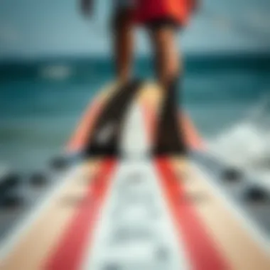 Kiteboard Bottom Design Features A close-up of a kiteboard's bottom surface, illustrating the fin and rocker design