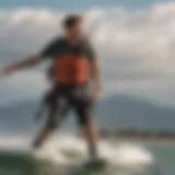 A kite vest in action during a kiteboarding session, showcasing its design and functionality.