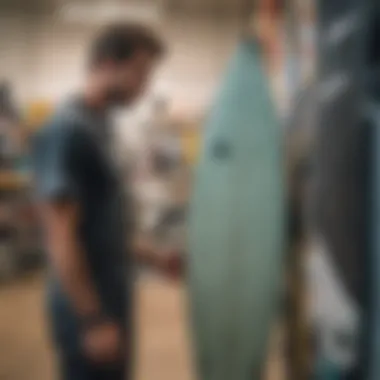 A person inspecting a used kiteboard for quality and features in a shop