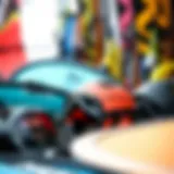 A close-up of various kitesurfing gear displayed for sale