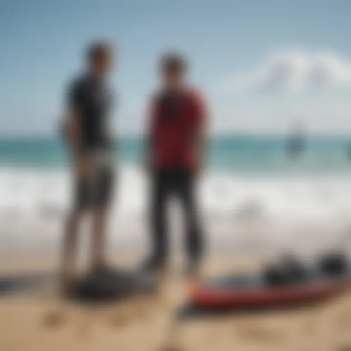 An expert discussing mini boom technology with kiteboarders, surrounded by gear.