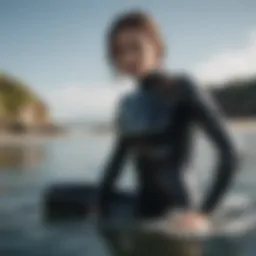 A woman showcasing the flexibility of a Mystic wetsuit in action.