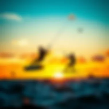 Kiteboarding at Sunset A vibrant sunset background with kiteboarders using foils and efoils in the foreground.