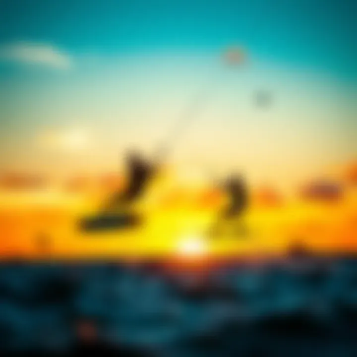 Kiteboarding at Sunset A vibrant sunset background with kiteboarders using foils and efoils in the foreground.