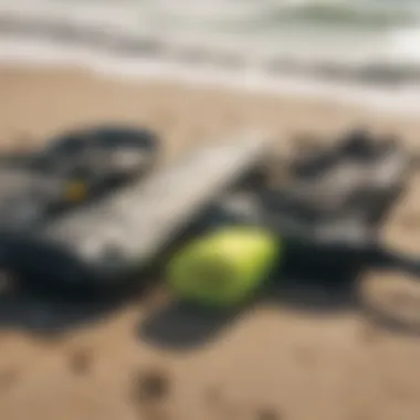 Kiteboarding Equipment Essentials Close-up of kiteboarding equipment showcasing essential gear