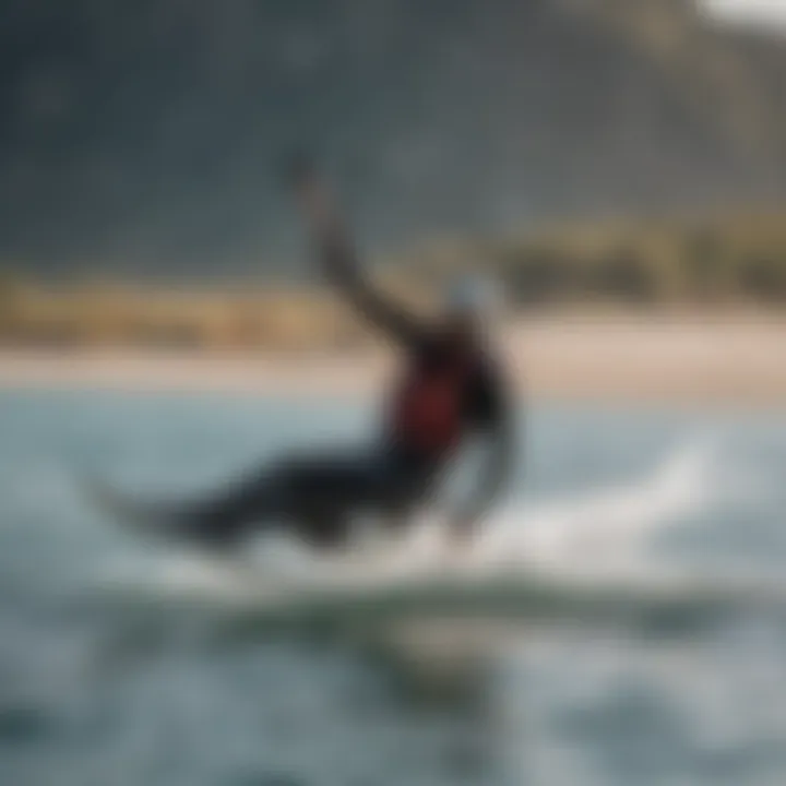 Kiteboarder in action using a slingshot foil board in dynamic conditions.