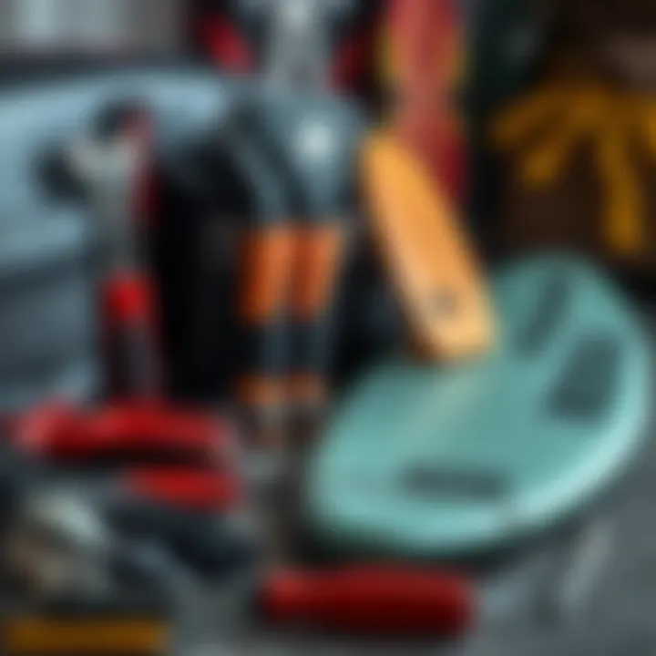 Essential Hydrofoil Maintenance Tools Maintenance tools and gear for hydrofoil surfboards neatly arranged