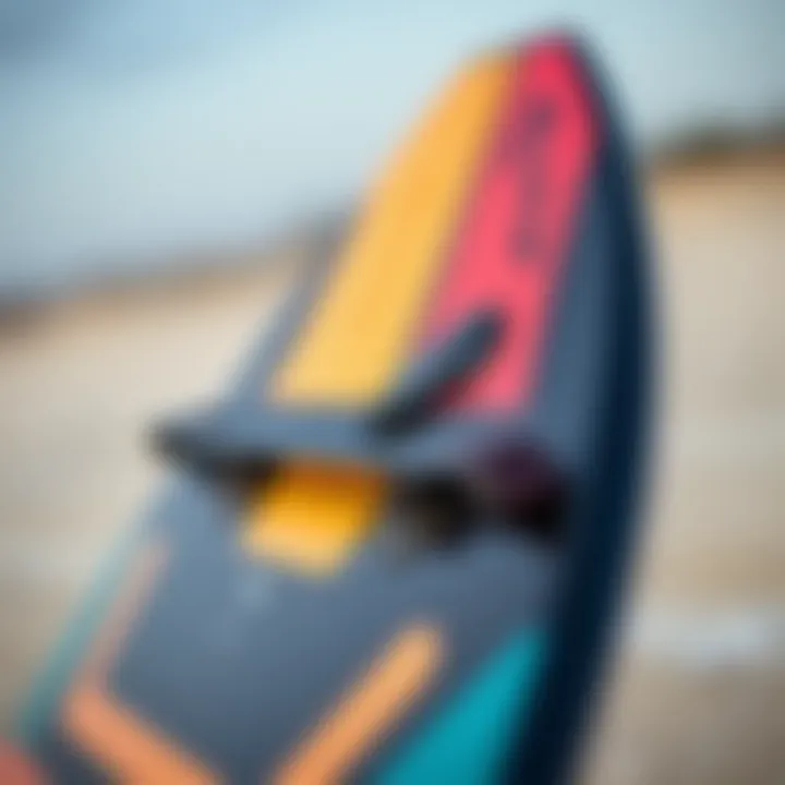 Close-up of a twin tip kiteboard showcasing its design features