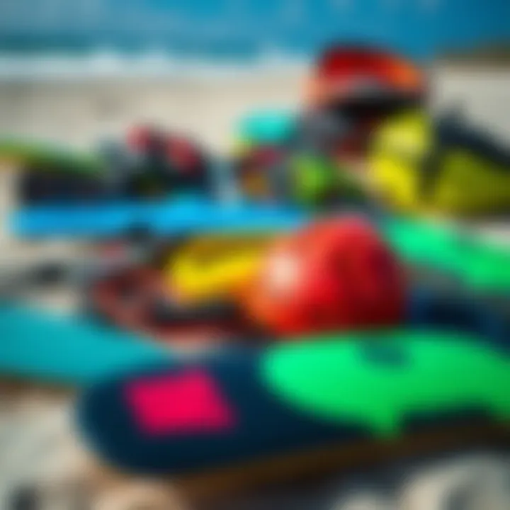Essential Kiteboarding Gear for Enthusiasts A colorful assortment of kiteboarding gear laid out on a sandy beach, highlighting essential equipment.