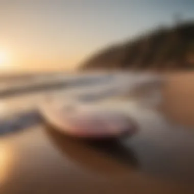 A serene beach scene at sunset with a lone hydrofoil surfboard resting on the shore.