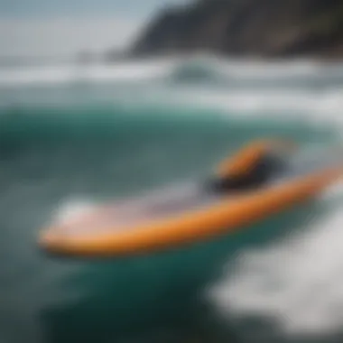 A close-up view of a hydrofoil surfboard showcasing its sleek design and innovative technology.