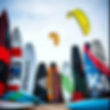 Selection of kitesurfing boards and kites