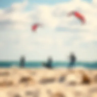 Kiteboarding Bliss by the Beach A serene beach setting with kiteboarding enthusiasts enjoying small kites