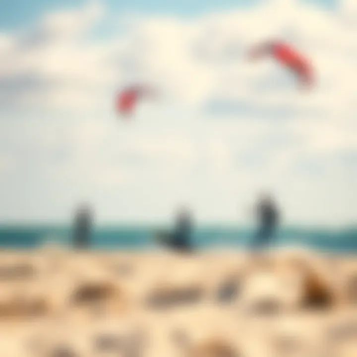 Kiteboarding Bliss by the Beach A serene beach setting with kiteboarding enthusiasts enjoying small kites