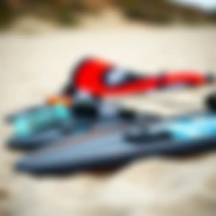 Kiteboarding Gear on the Beach A close-up of kiteboarding equipment laying on the sandy beach, ready for an exhilarating ride.