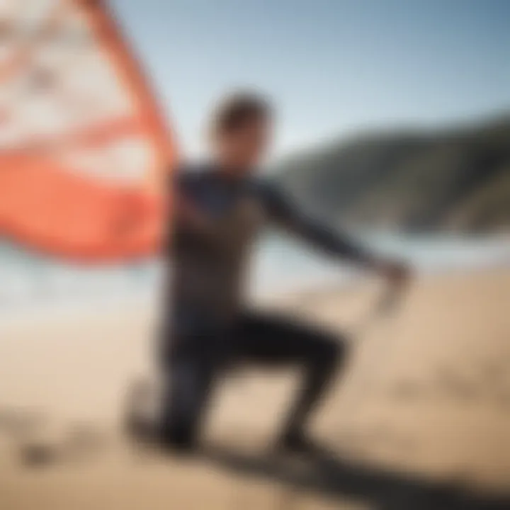 A kiteboarding enthusiast inspecting a used Core kite, demonstrating the evaluation process before purchase.