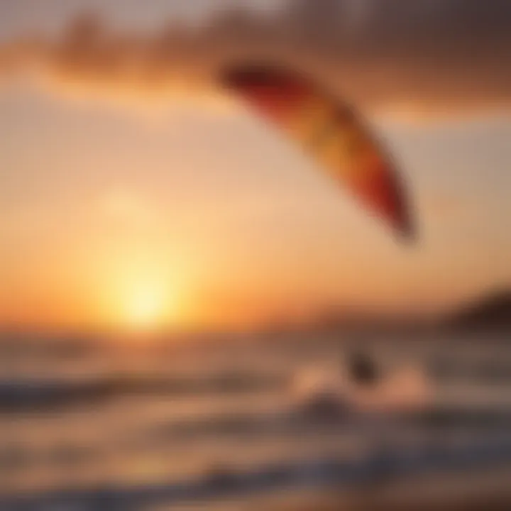 A vibrant sunset backdrop with a used Core kite in full flight, illustrating its performance capabilities.